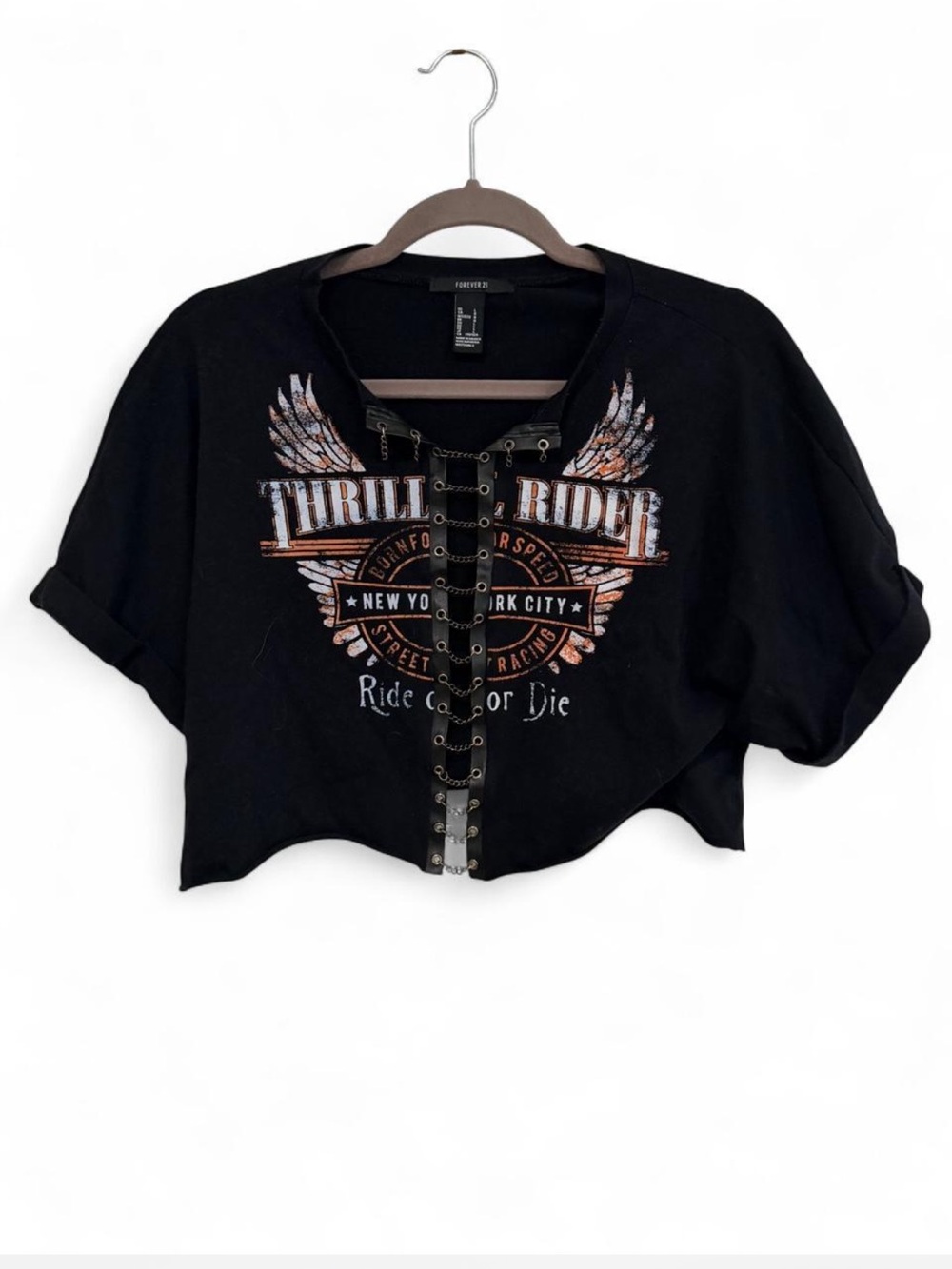 Forever 21 Black Lace-Up 'Thrill Rider' Biker Cropped Tee Size Large